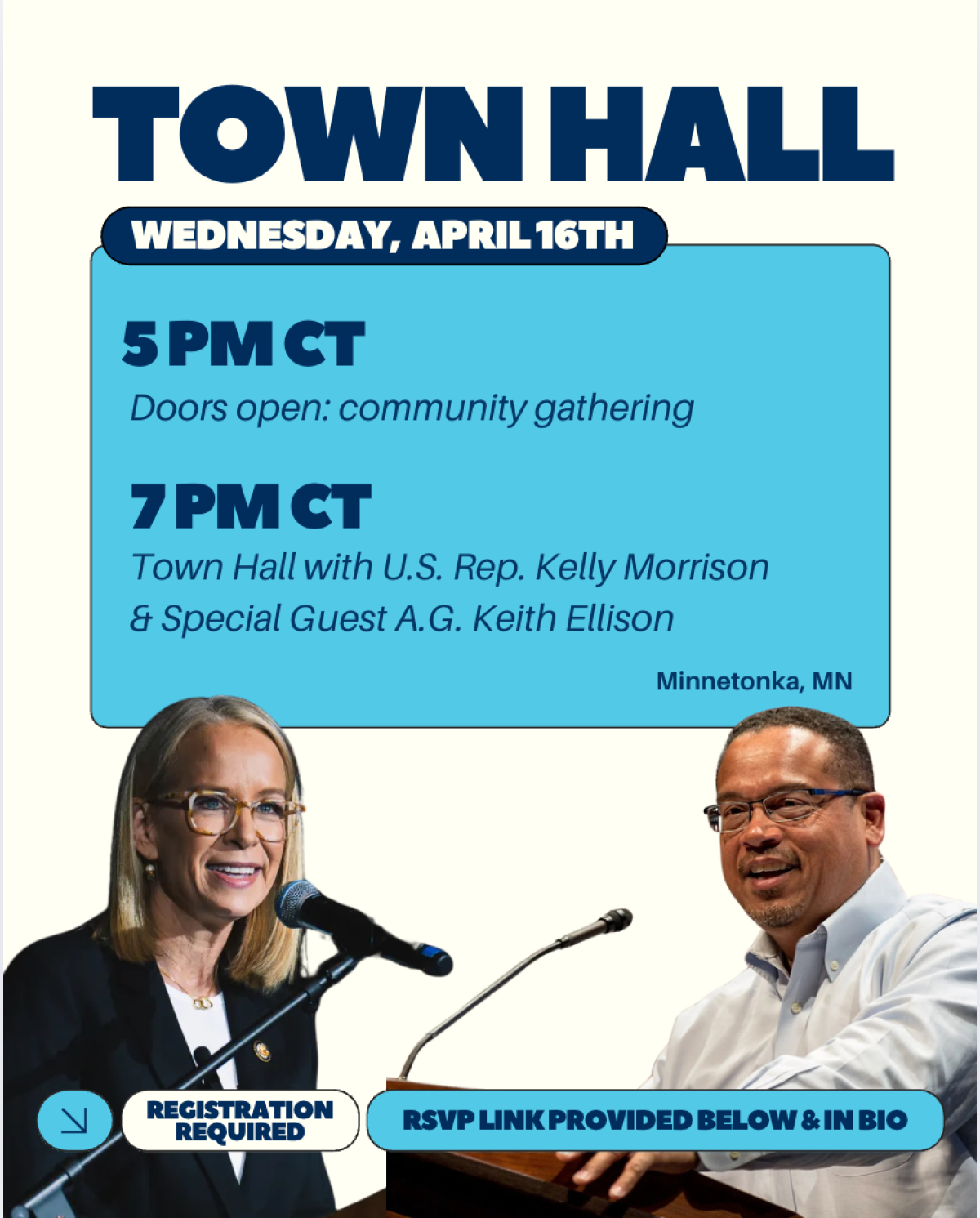 Graphic announcing town hall on April 16