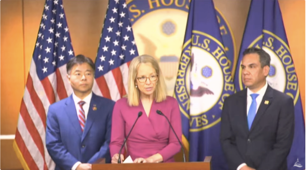 Representative Morrison, House Democratic Caucus Chair Pete Aguilar, and House Democratic Caucus Vice Chair Ted Lieu 
